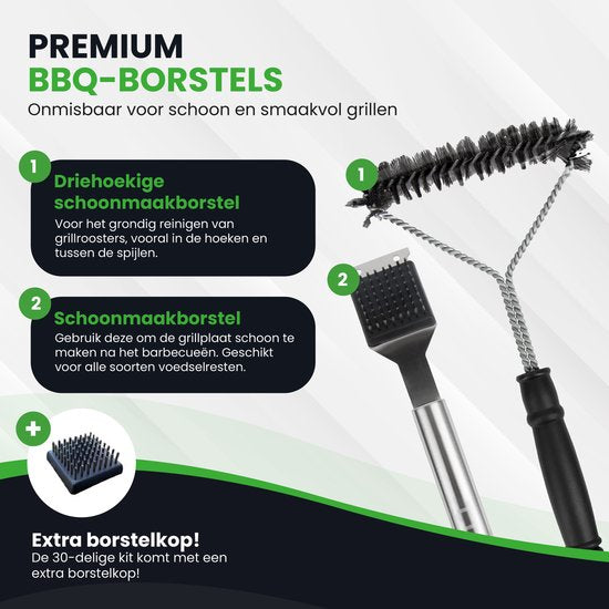 TTD® Premium BBQ Accesoires Set 30-delig - BBQ Gereedschapset RVS - Barbecue Accessoires - BBQ Tang - BBQ Spatel - Met BBQ Handschoenen en Schoonmaak Borstel - Inclusief Opbergtas