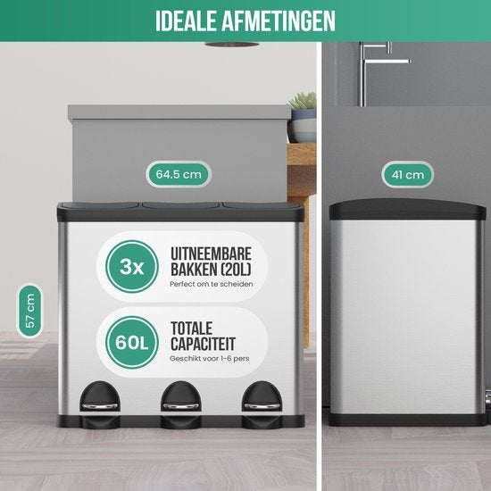 Avalo Prullenbak Afvalscheiding 60 Liter - RVS Zilver - 3 Vakken - Milieubewust, Hygienisch & Vingerafdrukvrij - Pedaalemmer / Vuilnisbak