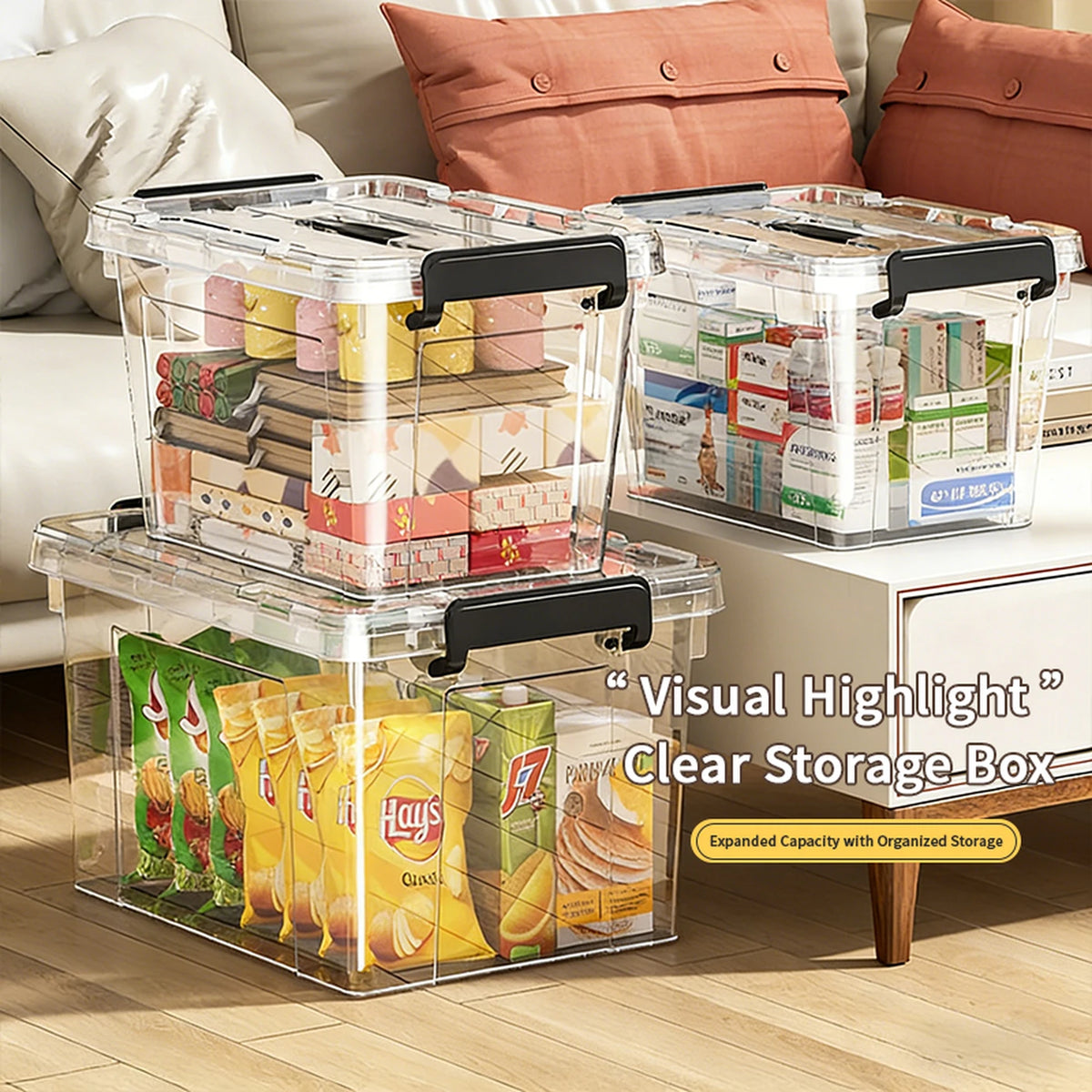 E-Yayun Opbergboxen met Deksel Set van 4 - 51 x 39 x 27 cm - Extra Stevig en Stapelbaar - Transparant