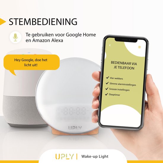UPLY Wake Up Light - Smart Clock Met USB Oplaadpunt - Lichtwekker - Wekker Radio met 4 Alarmen - Google Home | Amazon Alexa
