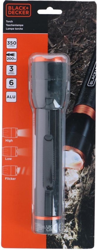 BLACK+DECKER LED Zaklamp 350 Lumen - 6W - 200M Bereik - 3 Lichtstanden: Hoog, Laag, Pulserend - Zwart/Oranje