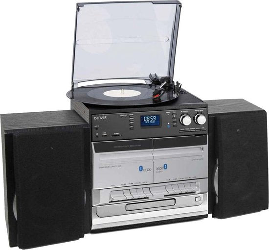 Denver Retro Platenspeler met Speakers - DAB Radio CD Speler - Dubbele Cassette - FM Radio - Hout - MRD166