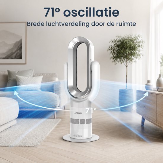 Aironex Swing Bladloze Ventilator met Verwarming – Ventilatorkachel – 2-in-1 Koelen & Verwarmen – 10 Standen – 71° Oscillatie – Afstandsbediening – Wit