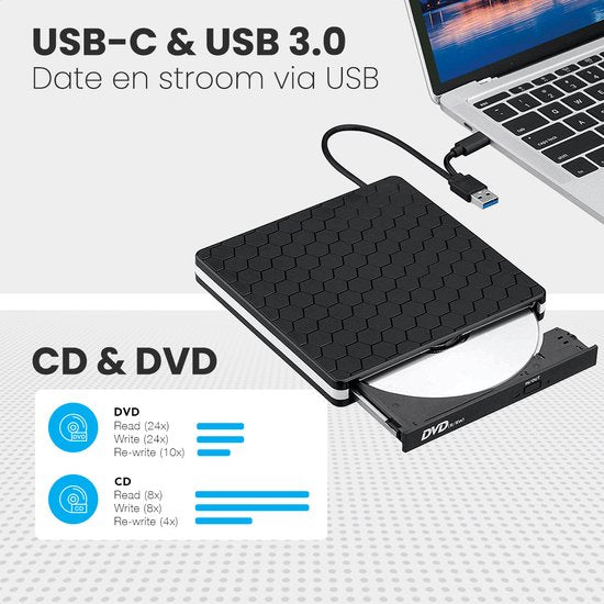 Auronic Externe DVD Speler - Voor Laptop en Brander - USB 3.0 of USB C - Windows, MacOS & Linux - Incl. Hoes + Kabel