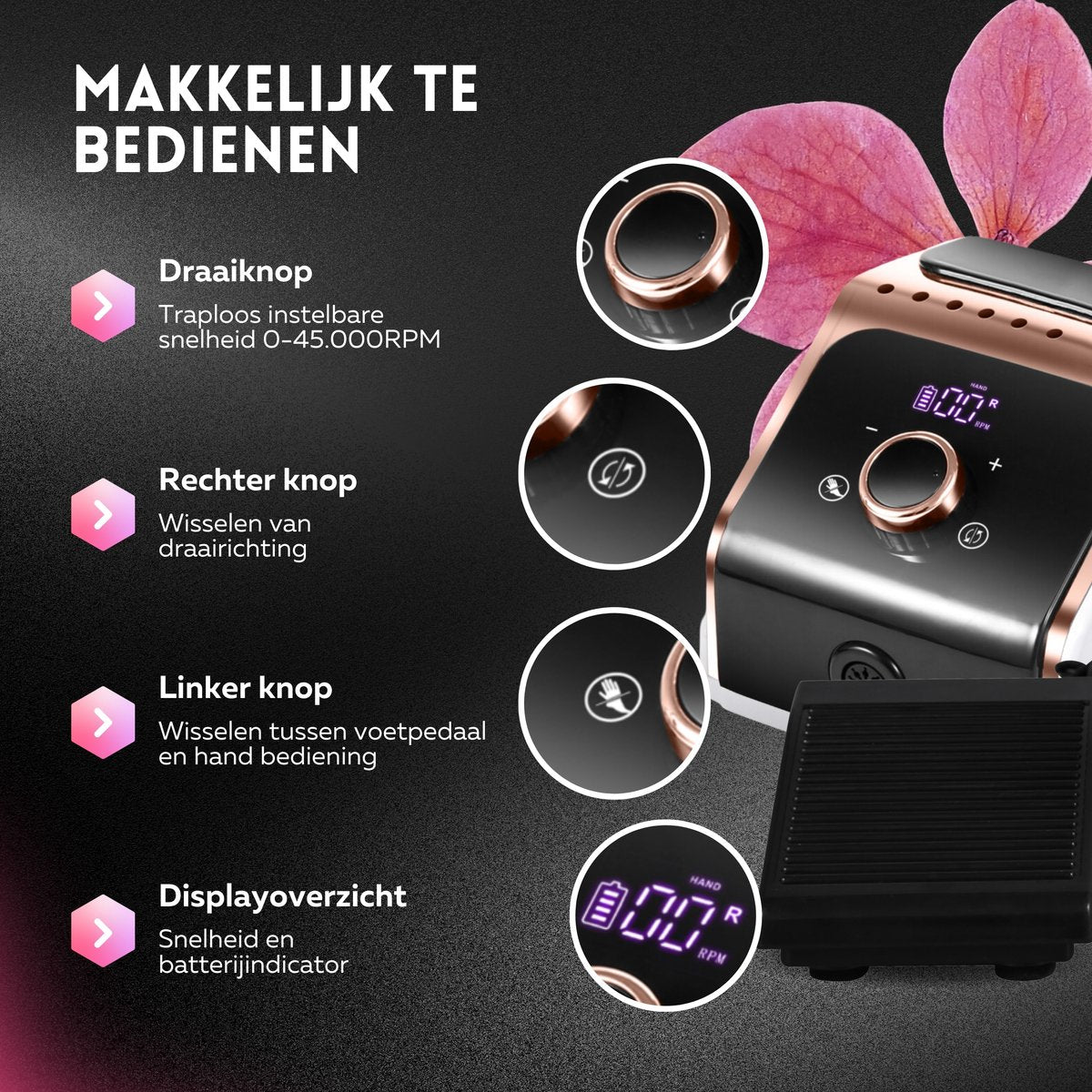 Beeperfect® Elektrische Nagelvijl Ultimate Edition – Draadloze Nagelfrees 45.000 RPM – Manicure & Pedicure Set met 11 Bitjes, 100 Schuurrolletjes & Voetpedaal – Voor Gelnagels, BIAB & Acryl