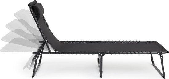909 OUTDOOR Opvouwbare Ligstoel - Ligbed met Kussen & Verstelbare Rugleuning - Zwarte Tuinstoel voor Tuin en Terras - Relaxstoel tot max. 110 kg - 189 x 59 x 30 cm
