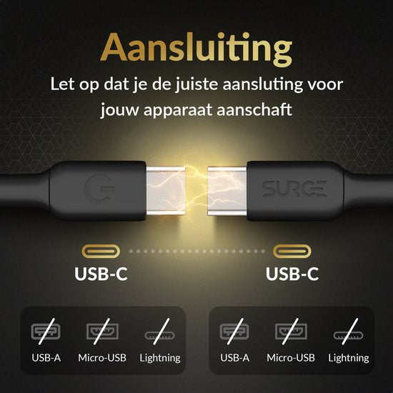 Surge USB C naar USB C kabel - 100W - 2 Meter Oplaadkabel - Snellader met 15% Kevlar - Geschikt voor o.a. Samsung / MacBook / iPhone 15 en 16 / iPad Pro