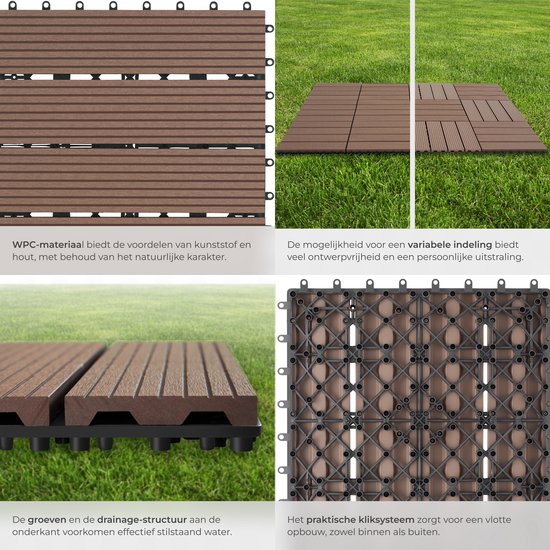 tectake® WPC houten tegels - Houtlook tegels - Weerbestendig - Vloerbedekking voor buiten - Vloertegels - Balkonvloer - Terrastegels met kliksysteem - Afvoer - Set van 11 - Bruin