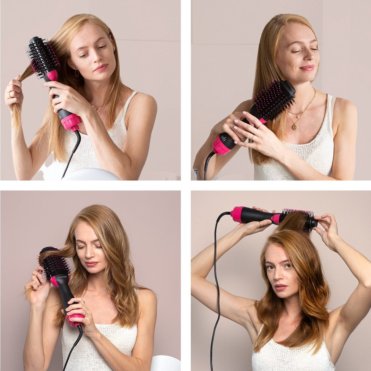 Auronic 3-in-1 Föhnborstel - Keramische Magic Brush - Airstyler - Lang/Stijl/Krullen - 1000W - Zwart/Roze