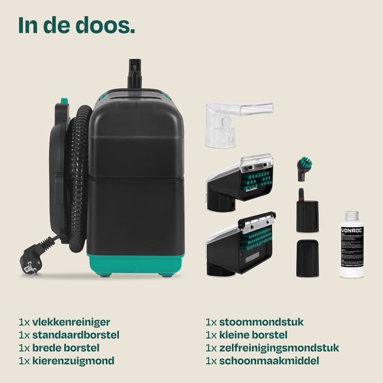 VONROC Vlekkenreiniger met stoomfunctie - Tapijtreiniger - Stoomreiniger - 1350W - 16kPa zuigkracht - incl. opzetstukken en schoonmaakmiddel