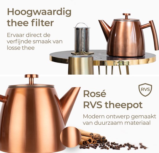 Vaja® Theepot Juliette Rosé - Dubbelwandig - 1 Liter - RVS Theekan met Filter & Warmhouder