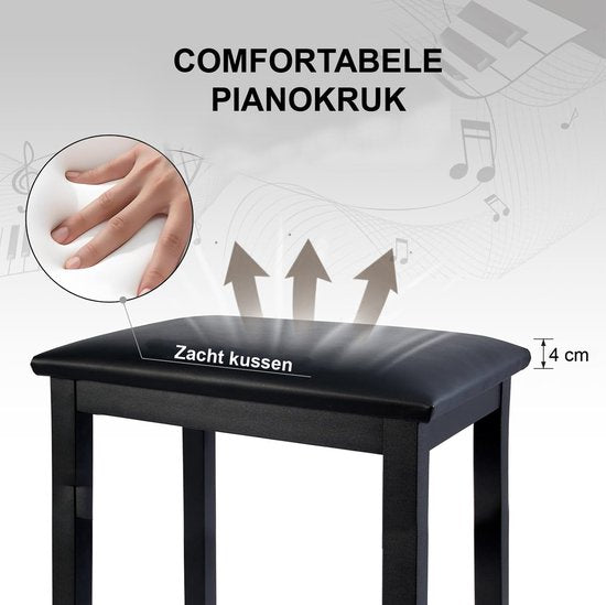 Finesse Pianokruk - Inklapbaar - in Hoogte Verstelbaar - met Kussen - Pianobank - Pianostoel - Zwart