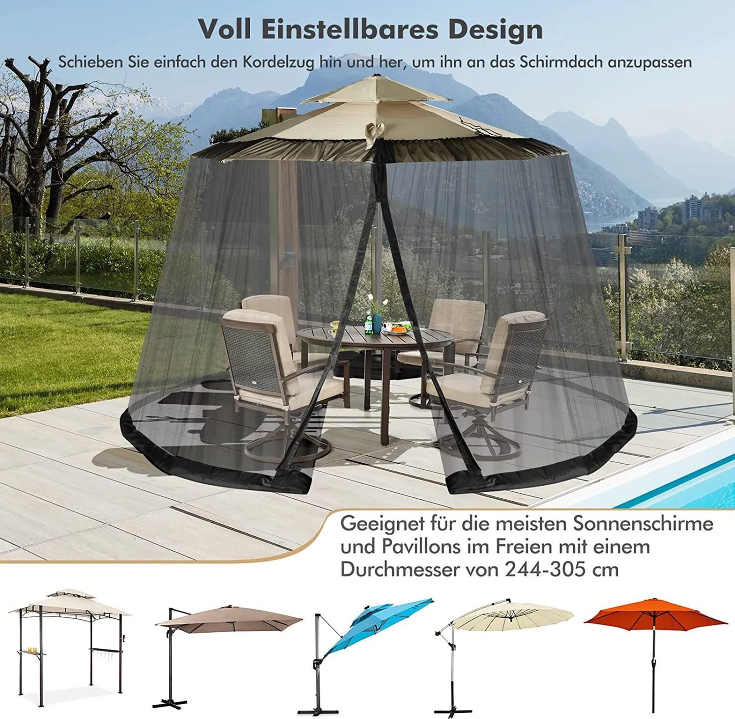 Coast Muggennet voor Parasol Zwart – 12,5 x 2,3 m – Met 2 Deuren en Dubbele Rits