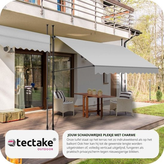 tectake - klemluifel - Zonnescherm – Zonneluifel - Verstelbaar - Klem-zonwering - Zonnescherm Balkon - 300 x 180 cm - lichtgrijs – zonwering - 404963