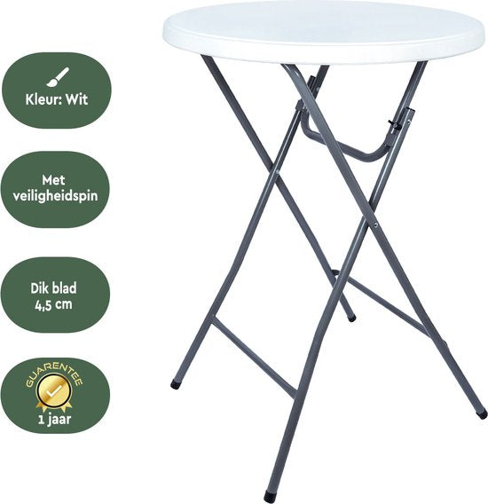 BRASQ Statafel Wit/Grijs ø80 x 110 cm - Bartafel - Vouwtafel - Inklapbaar van kunststof en metaal voor binnen en buiten