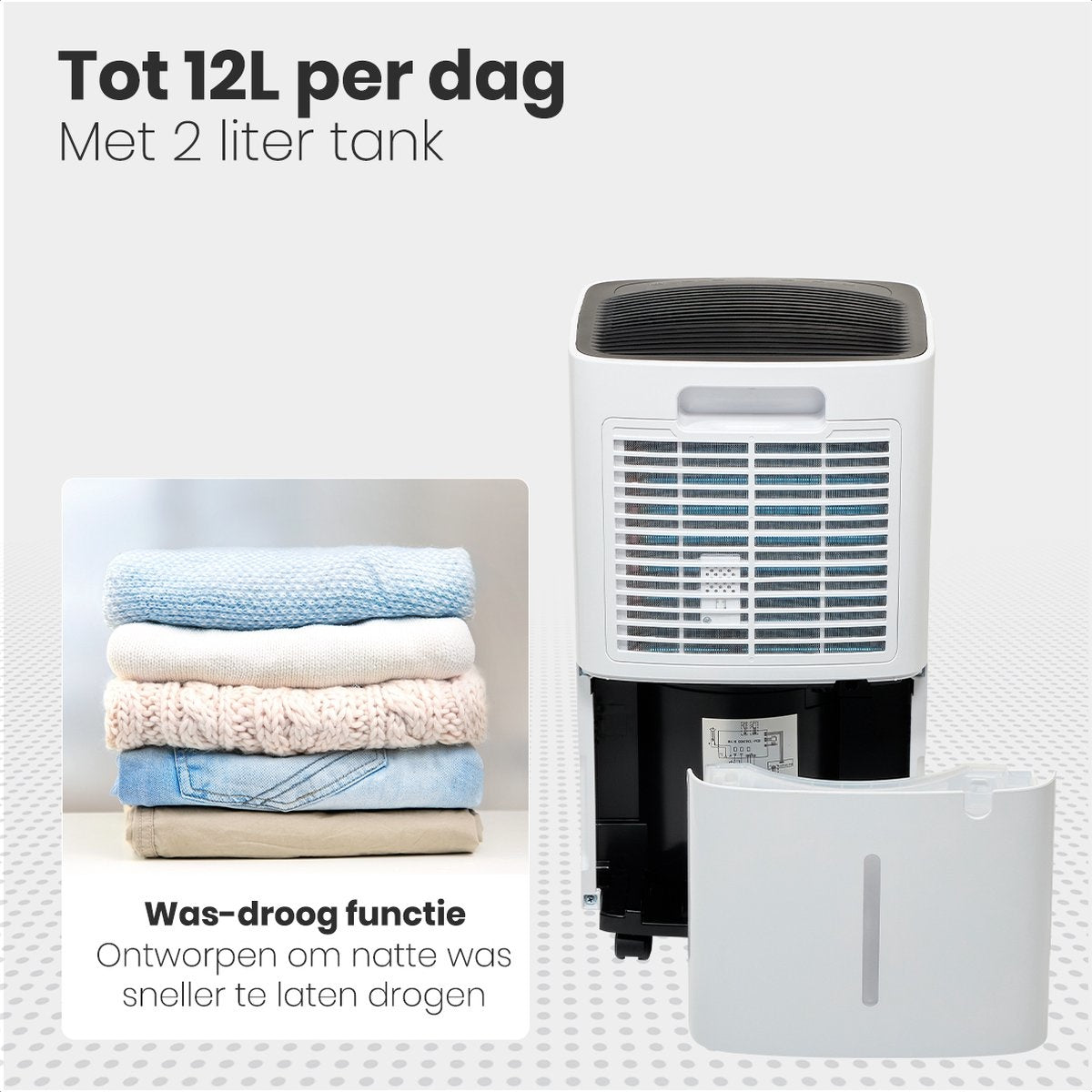 Auronic Luchtontvochtiger – 2 Liter Reservoir, 185 W, Voor Ruimtes tot 20 m² – 30,5 x 26,5 x 52 cm – Wit