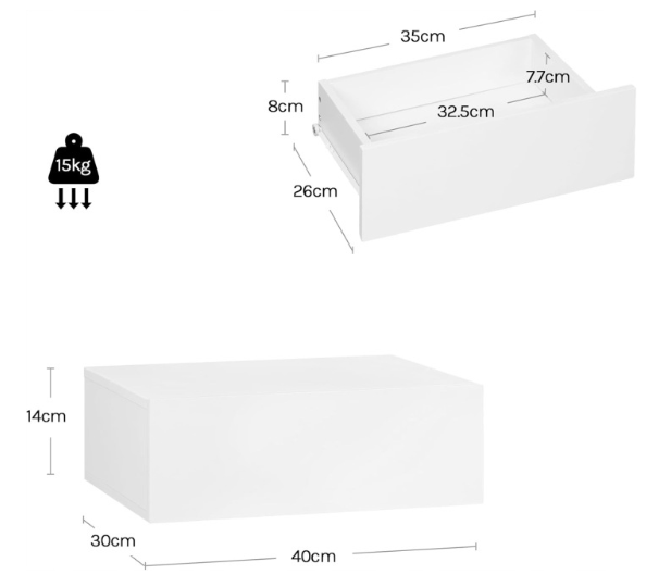WOLTU Nachtkastje Zwevend Wandkastje H03 – Met 1 Schuiflade En Krasbestendige Melamine Fineerlaag – Voor Slaapkamer En Hal – Wit Spaanplaat – 40 x 30 x 14 cm
