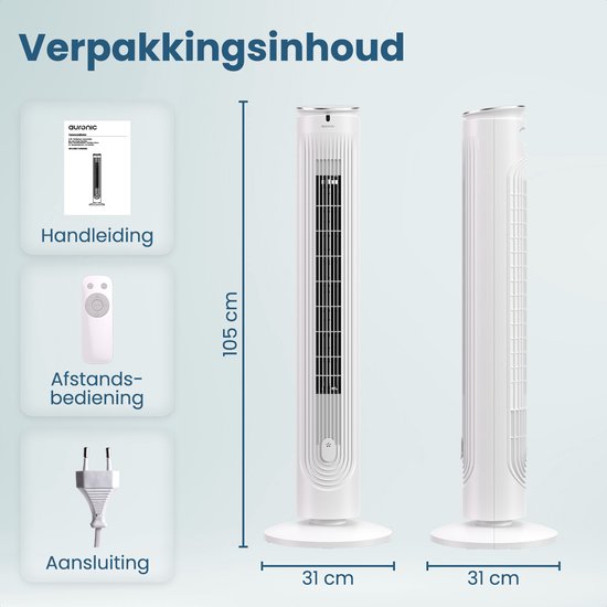 Auronic Torenventilator - Vloerventilator - Luchtkoeler - Ventilator Staand - 105 CM - 5 Snelheden - Met Afstandsbediening - Stille Ventilator - Fan - 45 dB - Wit