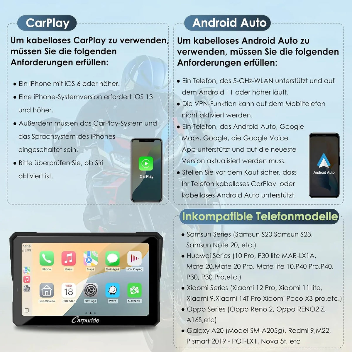 Carpuride W702BS Pro 7 inch Motorfiets CarPlay Scherm - BMW Wonderwiel - Draadloos CarPlay & Android Auto - Waterdicht - Zwart