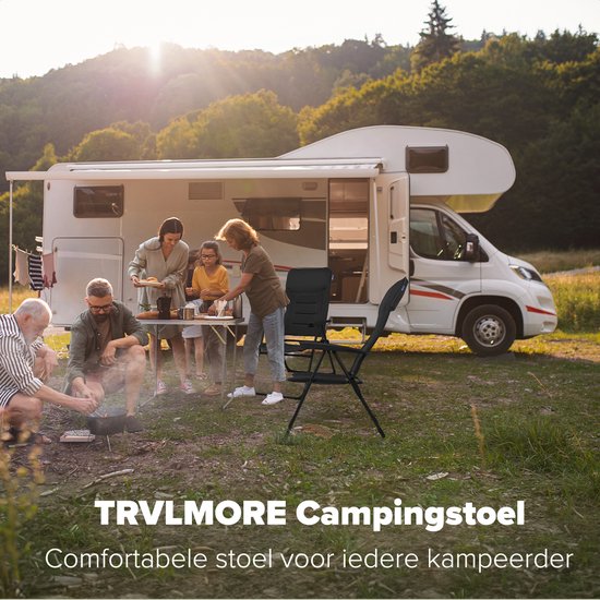 TRVLMORE Campingstoel - 7 standen - Comfortabele Kampeerstoel - 120 kg draagvermogen - Ligstand - Inklapbare stoel - Klapstoel - Zwart