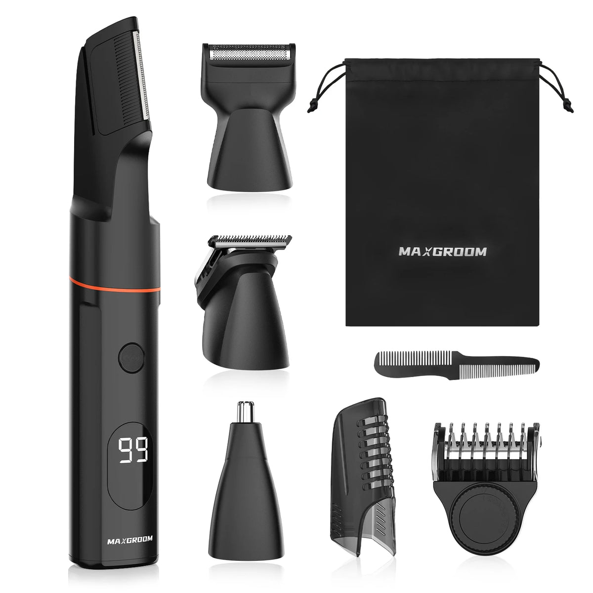 MAXGROOM 7-in-1 Body Groomer - Draadloos - 1-9 mm - IPX6 Waterdicht - 90 min - LED-display - Magnetische Opzetstukken