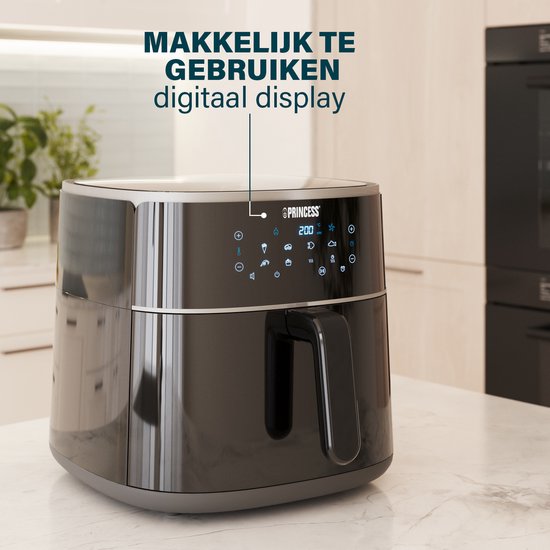 Princess Digitale Airfryer XXL 182254 - 8 liter - Extra Groot - PFAS vrij - Heteluchtfriteuse - Inclusief in hoogte verstelbaar Grillrack - Digital Touchscreen - 8 Automatische Programma's - 1800W - Zwart