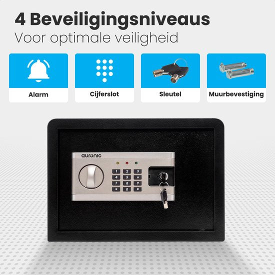 Auronic Elektronische Kluis - Cijferslot - Sleutel - Muurbevestiging - 4,3cm Deur - 130dB Alarm - 28L - 30x38x30cm - 10KG - Staal - Zwart