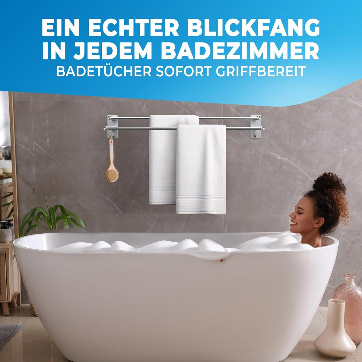 LOBUX® - Handdoekstang zonder boren - 80cm, roestvrij staal - Handdoekstang badkamer dubbel, zelfklevend - Handdoekstang, badhanddoekstang incl. 2 handdoekhaken - voor badkamer, douchewand, keuken