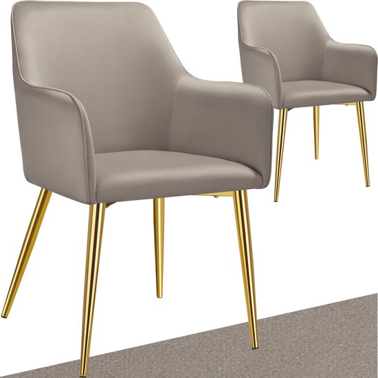 tectake® Eetkamerstoel Avane - Fluweellook - Gestoffeerde stoel met ergonomische armleuningen - Slanke stalen gouden poten - Draagkracht 120 kg - Comfortabele eetkamer- en keukenstoel - Set van 2 - Taupe