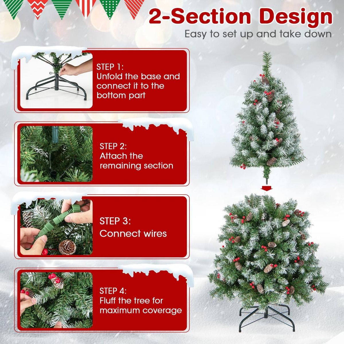 Coast Kunstkerstboom 150 cm - Met sneeuw en 200 LED verlichting - Groen / Wit
