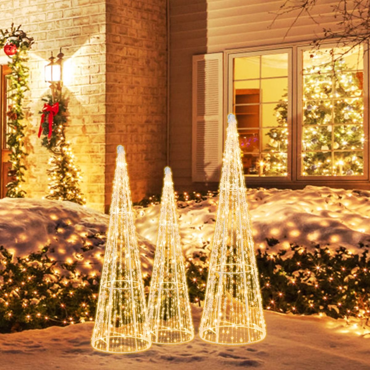 Coast Verlichte Kerstkegelbomen Set van 3 – Warmwit LED – Sterrenslingers – Wit – 81 / 72 / 62 cm – Voor Binnen & Buiten