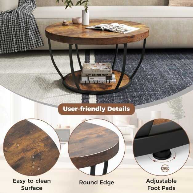 Coast Ronde Salontafel Bruintinten – 80 x 80 x 45 cm – Met Onderplank en Metalen Frame