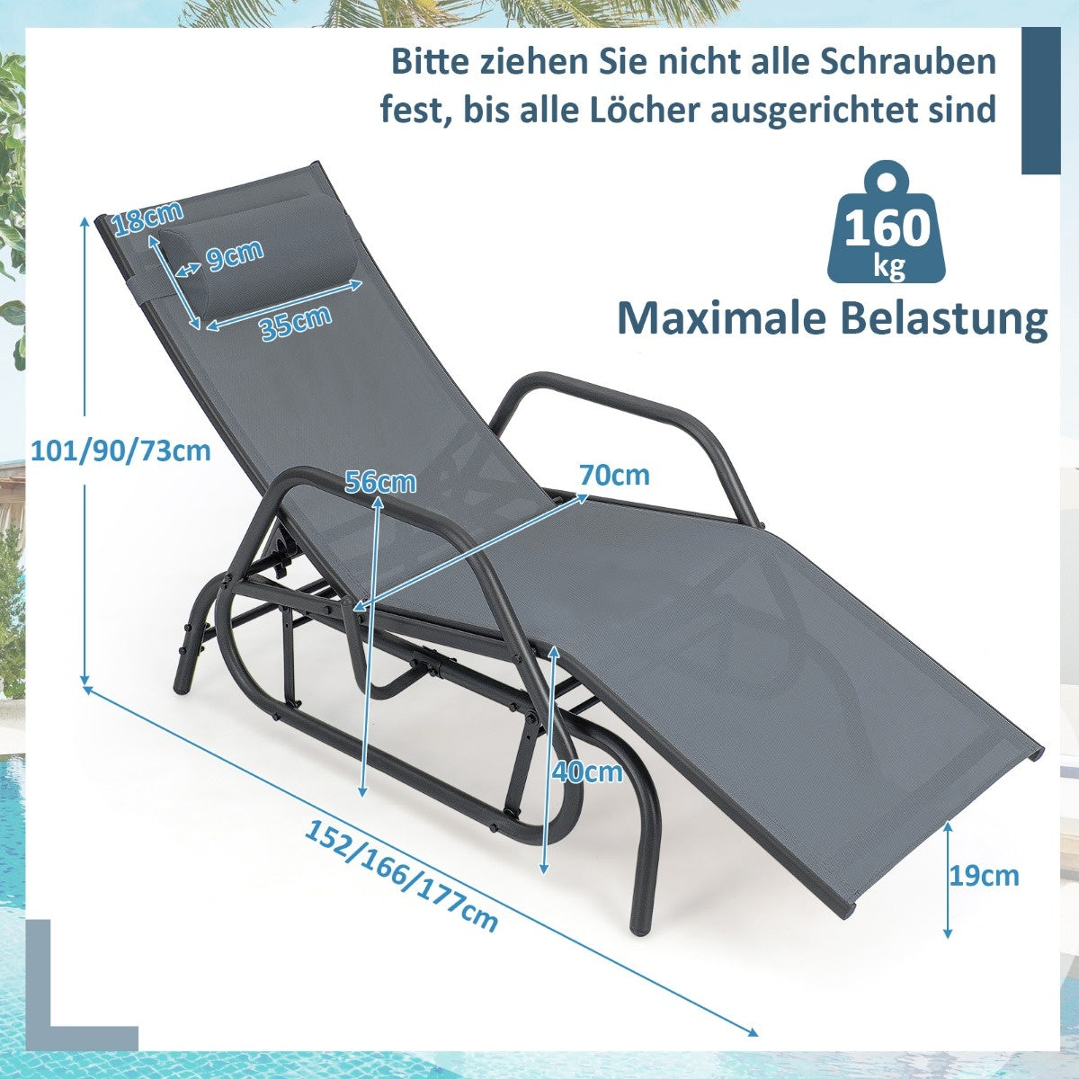 Coast Sun Lounger met schommelfunctie tuinlounder met verstelbare rugleuning grijs