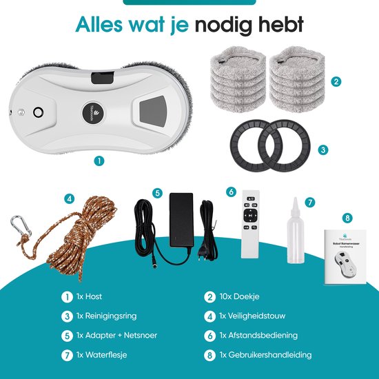 TibaGoods Robot Ruitenreiniger - Ramenwasser - Robot - Dweilrobot - Anti-val touw - Slimme waterspray - Krachtige zuigkracht - Met afstandsbediening - Incl. 10 microvezeldoeken