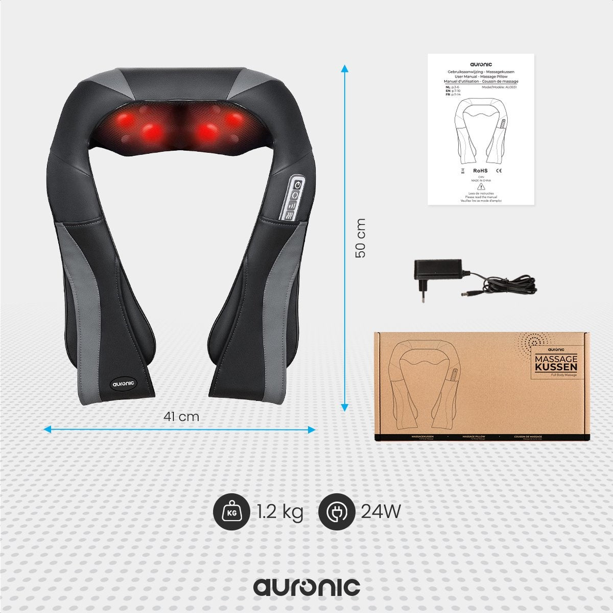 Auronic Shiatsu Massagekussen - Warmtefunctie met Infrarood - 100-240V - Zwart - 41x17x50 cm