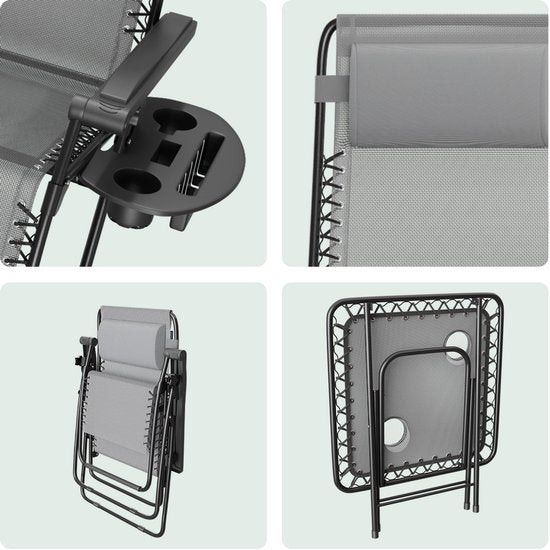 LifeGoods Ligstoelen - Opvouwbaar - Complete set - Met Bijzettafel - 30°-90° Verstelbaar - Tuinstoelen - Metaal - Grijs