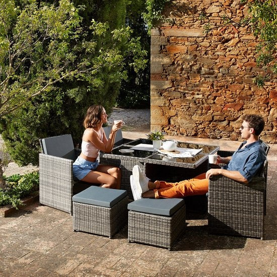 tectake - Wicker tuinset zitgroep Manhatten - incl. beschermhoes - zwart/bruin- 403845