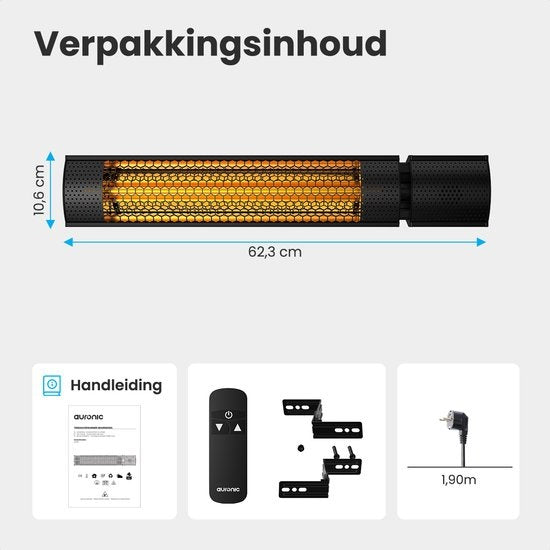 Auronic Terrasverwarmer - Infrarood - Heater - Elektrisch - 2000W - Afstandsbediening - 2 Standen - Zwart