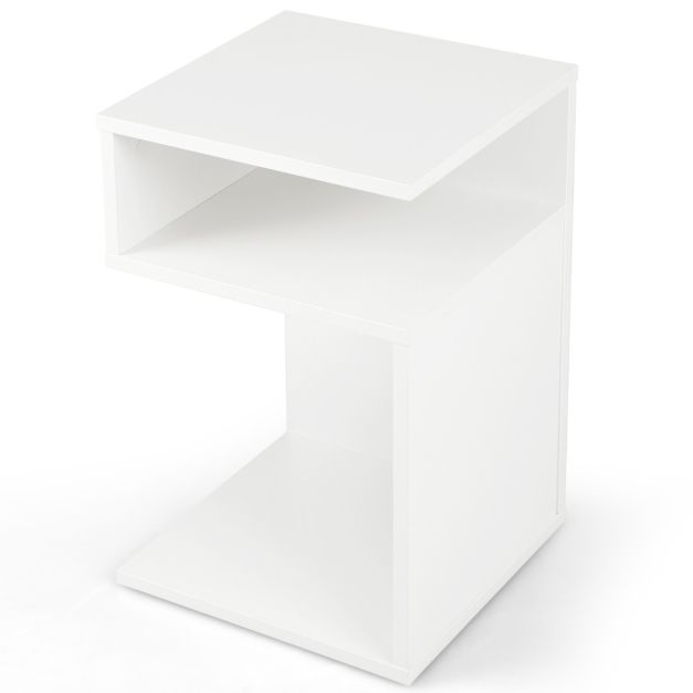 Bijzettafel 'S'-Vormige Woonkamerbank Bijzettafel met 2 Open Kluisjes Kleine Salontafel met Geometrisch Design Wit