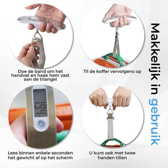 TTD® Kofferweegschaal - Tot 50 kg - Bagageweegschaal - Bagageweger - Hangweegschaal - Digital Luggage Scale - Kofferweger - Reizen met Vliegtuig - kg/g/lbs/oz - Inclusief Batterijen - Wit