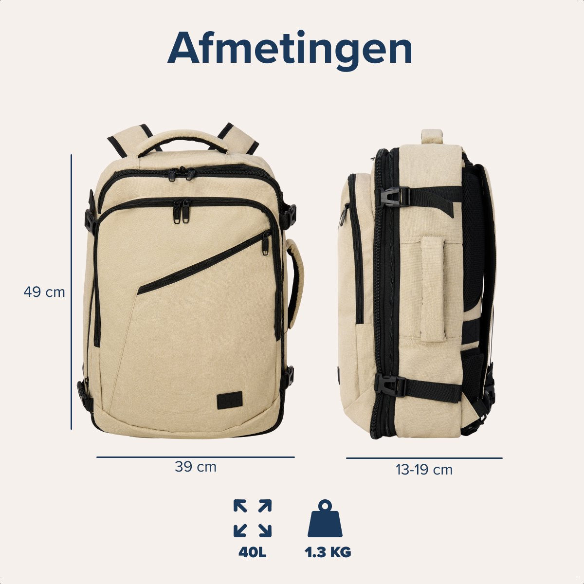 TRVLMORE 40L Reistas Rugzak – Handbagage – 49 x 34 x 13 cm – Beige