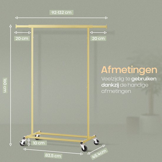 O'DADDY Kledingrek – Verstelbaar, 90 kg draagvermogen, met wielen – 132 x 49 x 160 cm – Goud