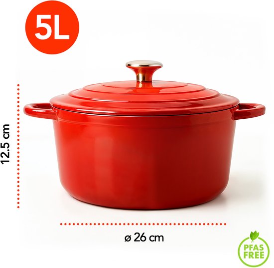 Aviro Gietijzeren Braadpan - Ø26CM - 5L - Alle Warmtebronnen Incl. Inductie - Stoofpot - PFAS-vrij - Met Deksel - Rood
