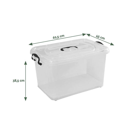 BRASQ Opbergbox Set van 3 – 70 Liter – 62,5x45x38,5 cm – Transparant met Zwarte Handvatten en Wieltjes