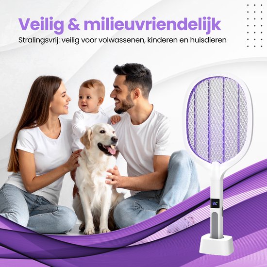 TTD® Premium Elektrische Vliegenmepper en Muggenlamp Oplaadbaar met XXL 2 Meter Oplaadkabel en LCD Scherm - 2 Standen Vliegenmepper en Muggenlamp - 2500 Volt - Oplaadbaar via USB en Stopcontact - Met Veiligheidsnet - UV-Licht - Vliegenvanger
