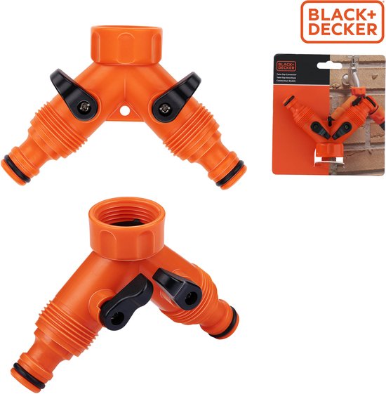 BLACK+DECKER Dubbel Kraanstuk Tuinslang - Tuinslang Koppeling - 3/4" Kraanaansluitingen - Geïntegreerde Waterstop - Waterstroom Reguleren - Kunststof - Oranje/Zwart