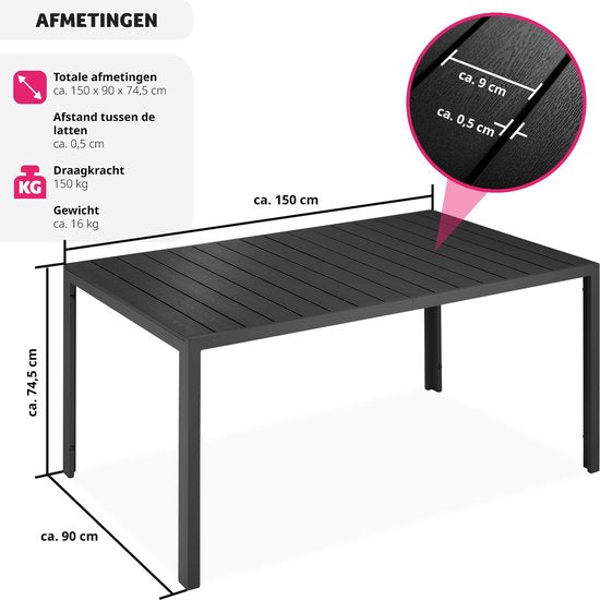 tectake® - Tuintafel 150 x 90 x 74,5 cm - Weerbestendig, eenvoudige montage - Verstelbaar - Aluminium frame met kunststof tafelblad - zwart