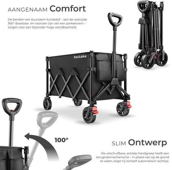 tectake® Bolderkar - Opvouwbaar - 80 kg Draagkracht - Draaibare Massieve wielen met Rem - 45 x 88 x 95 cm - Bolderkarren - Bolderwagen - Met Verstelbare Duwstang - Handkar - Waterafstotende Transportwagen - Met Legplank en Binnenvak