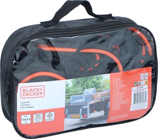 BLACK+DECKER Aanhangwagennet - 2 x 3 M - Rekbaar Elastiek - In Opbergtas - Zwart