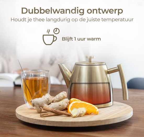 Vaja® Theepot Juliette Goud - Dubbelwandig - 1 Liter - RVS Theekan met Filter & Warmhouder